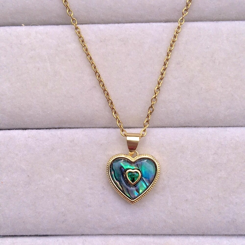 Abalone + Emerald Crystal Gold Heart Drop Boho Pendant Necklace